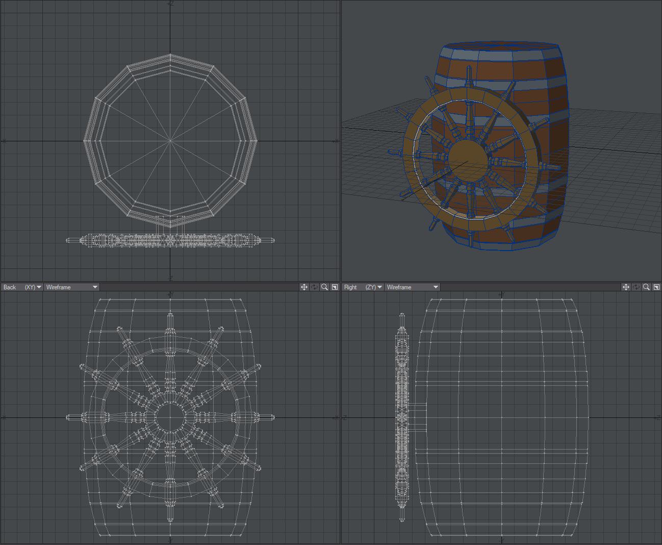 The completed model of the barrel and wheel