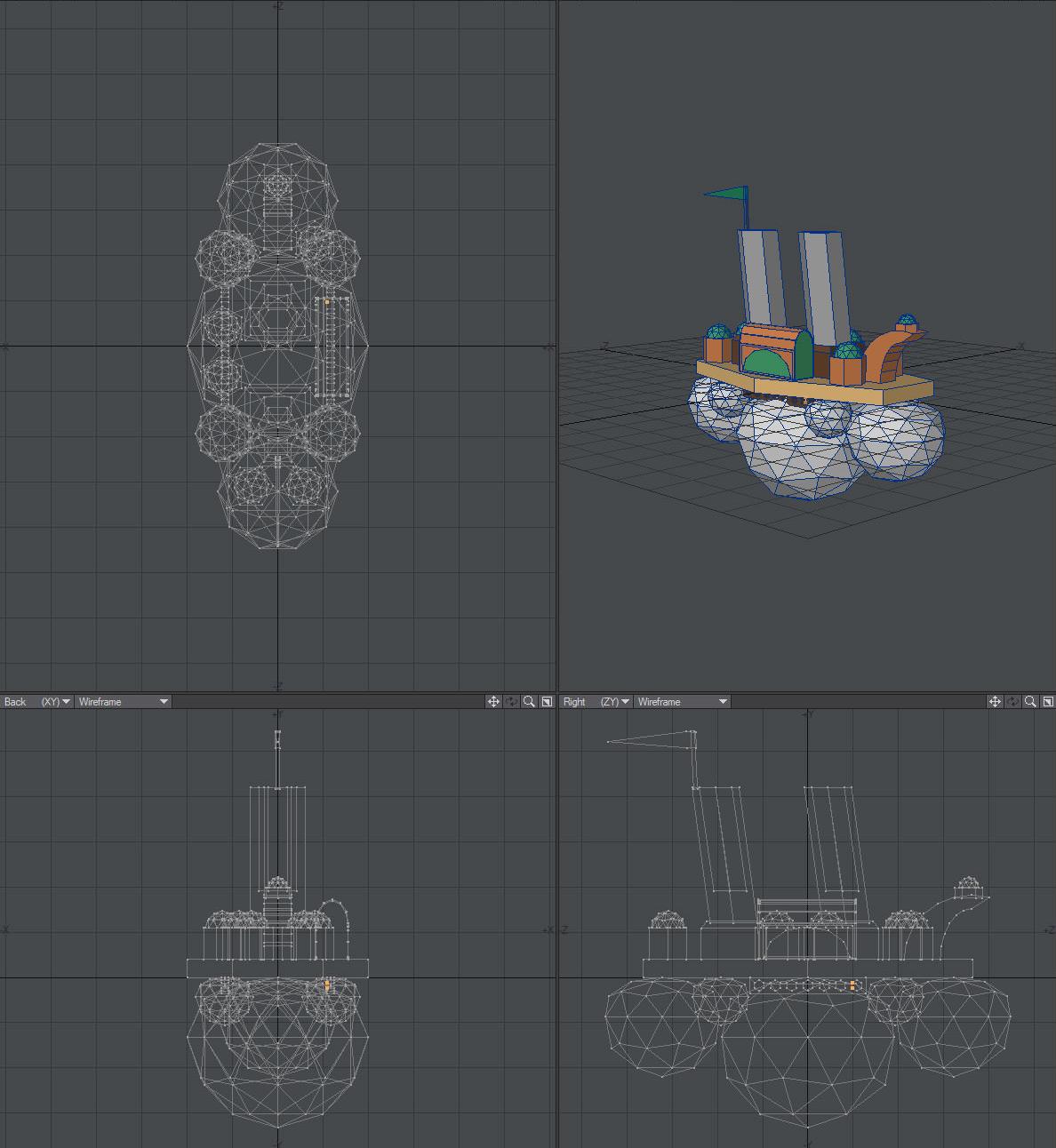 Lots of ballons with a platform on top, a couple of chimneys and buildings like a floating castle.