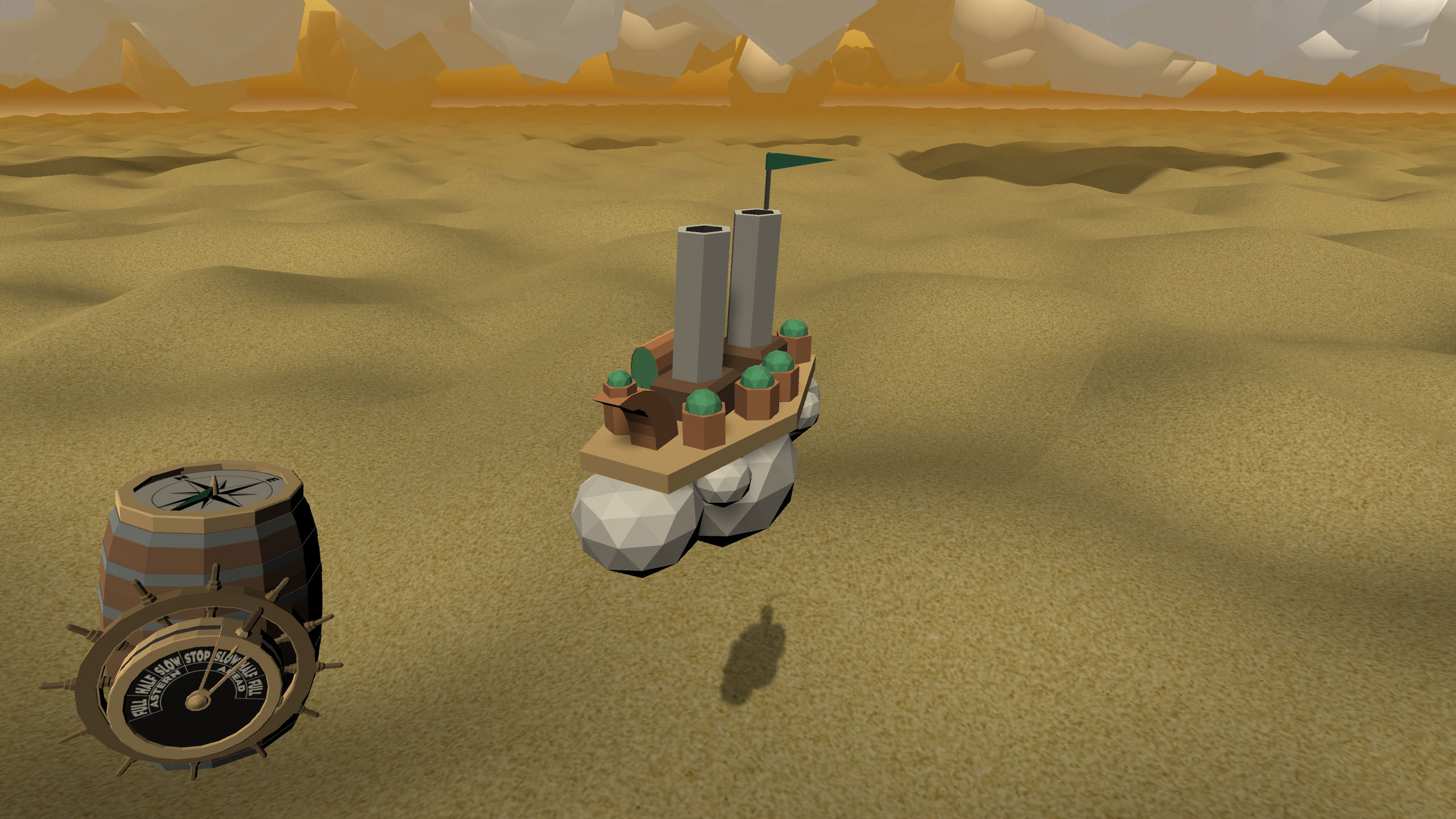 Cloudship floating over sandy wastes with a new EOT handle and a compass on the controller